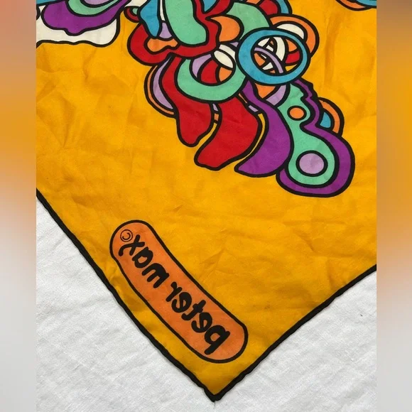 Peter Max Scarf Vintage 1970s Butterfly Psychedelic Vivid Color Gold Silk? - Picture 9 of 15